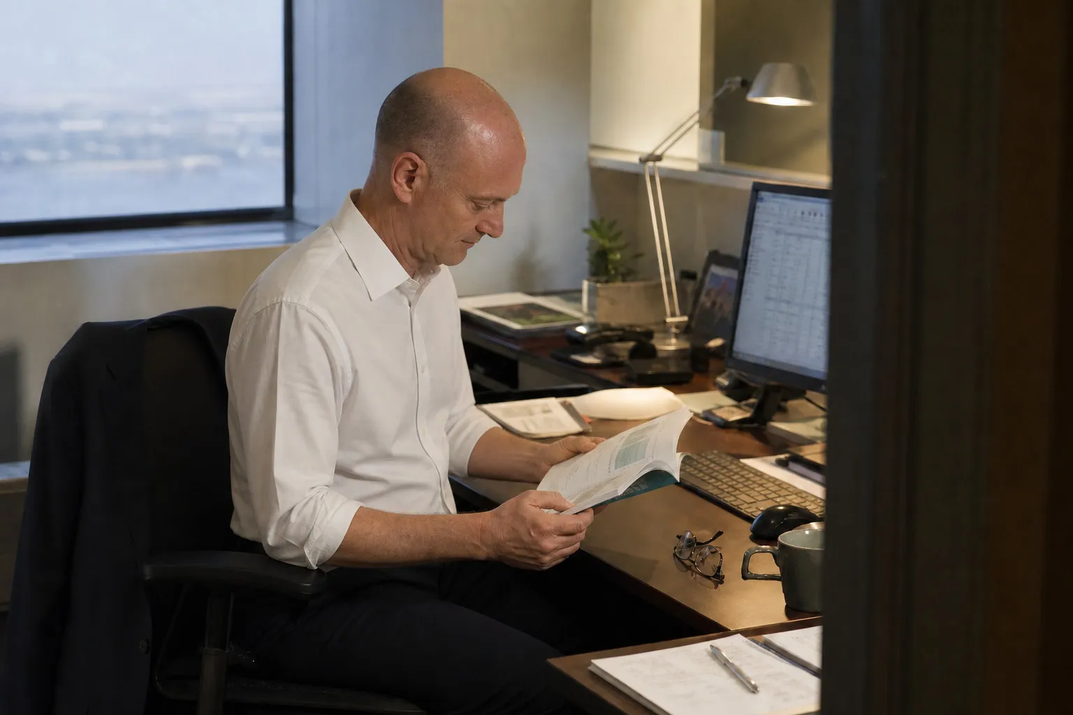 Peter DeCaprio in a white shirt reading a bound document at his desk after hours, a desk lamp lit and a spreadsheet open on the monitor beside him