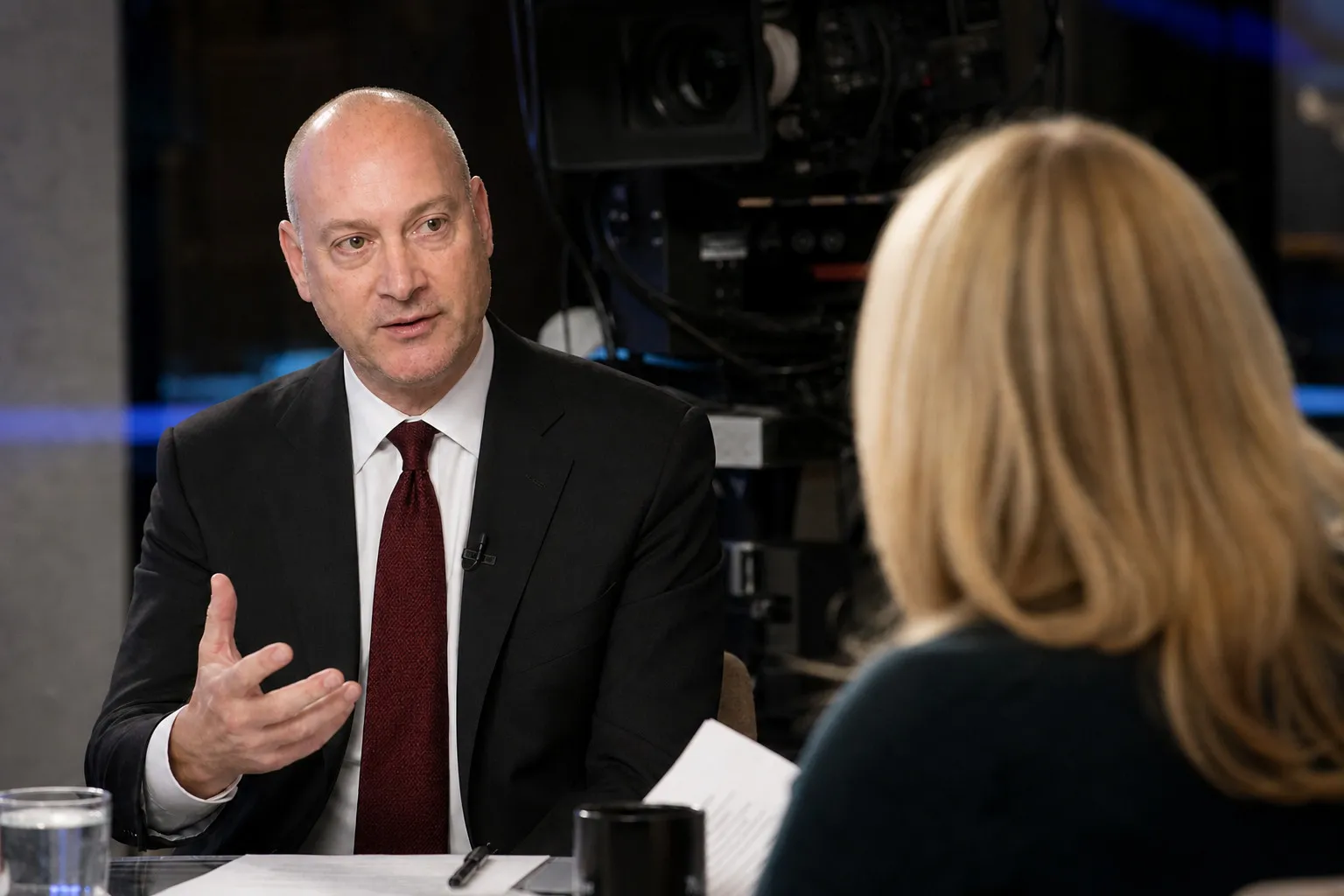 Peter DeCaprio in a dark suit and burgundy tie making a point on a television set, a studio camera behind him and an interviewer seated across the desk