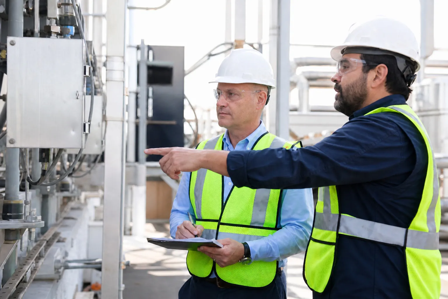 Peter DeCaprio in a hard hat, safety glasses and high visibility vest holding a clipboard at an industrial plant while an engineer points out equipment